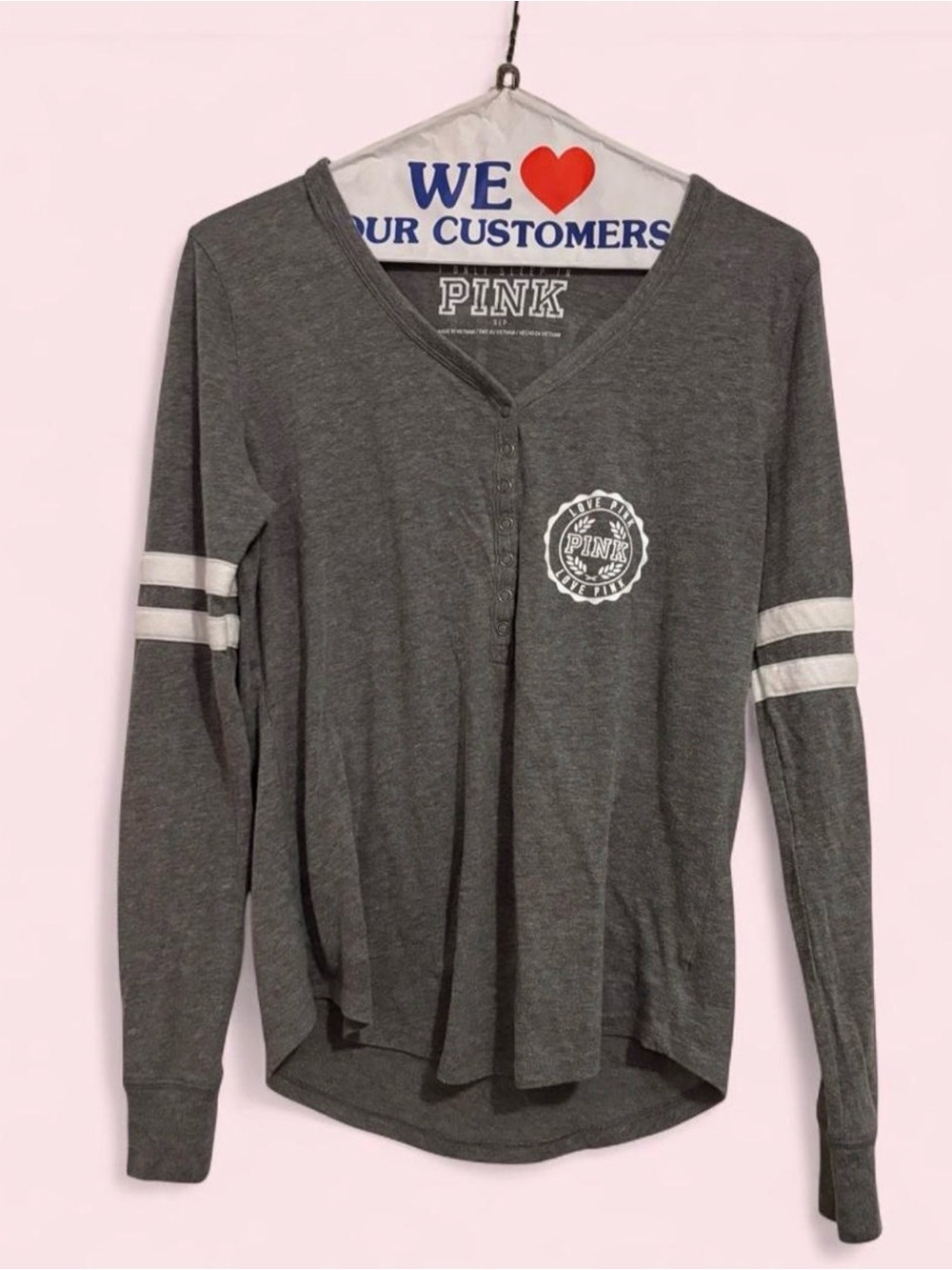 PINK Victoria's Secret Gray V-Neck Henley with White Sleeve Stripes
